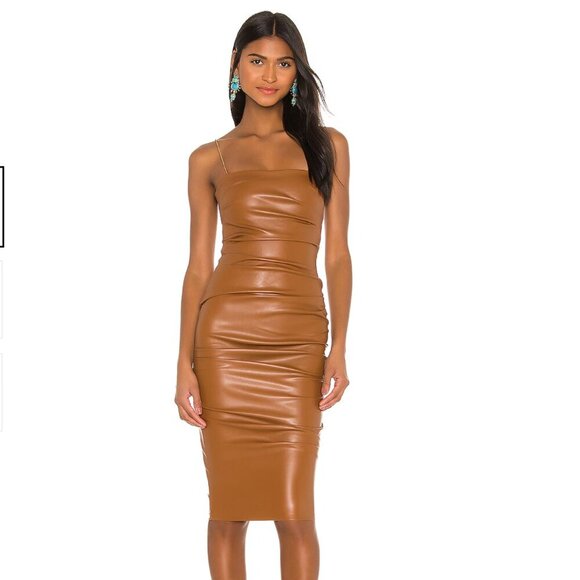 NWT Nookie Posse x Revolve Women 8 Large Midi Dress Faux Leather Brown Tan Flaw - Picture 1 of 16